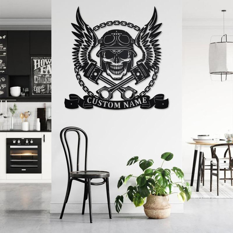 Custom Biker Skull With Wings And Pistons Metal Wall Art, Personalized Biker Name Sign Decoration For Room, Biker Home Decor, Custom Biker