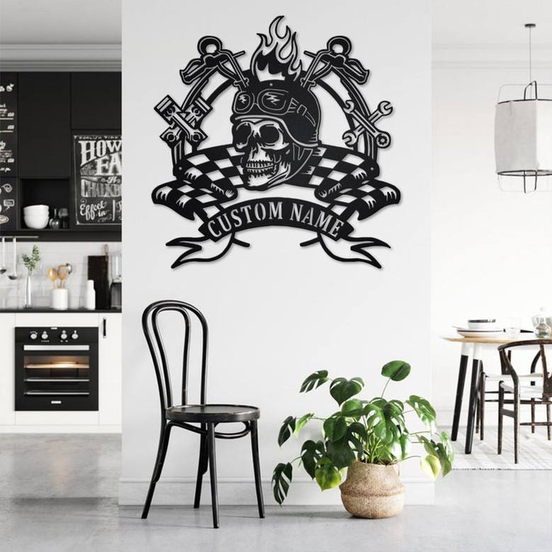 Custom Biker With Skull Metal Wall Art, Personalized Bike Name Sign Decoration For Room, Motorcycle Home Decor Motocross Rider, Custom Biker