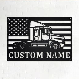 Custom Us Flag Semi Truck Metal Wall Art, Personalized Semi Truck Name Sign Decoration For Room, Semi Truck Home Decor