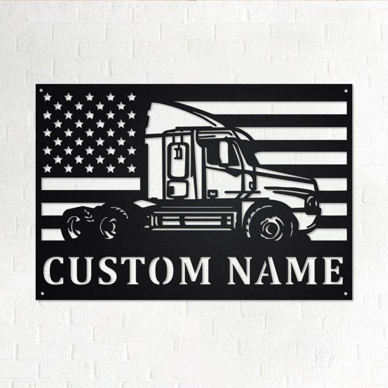 Custom Us Flag Semi Truck Metal Wall Art, Personalized Semi Truck Name Sign Decoration For Room, Semi Truck Home Decor