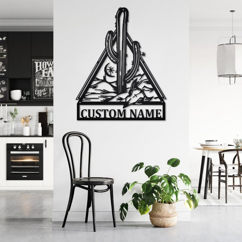 Custom Cactus With Cow Skull Metal Wall Art, Personalized Cactus Name Sign Decoration For Room, Cactus Home Decor , Custom Cactus