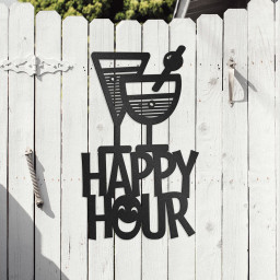 Happy Hour Sign With Cocktails, Smiley Face Metal Wall Decor, Metal Sign for Patio, Bar & Pub, Entertainment Area