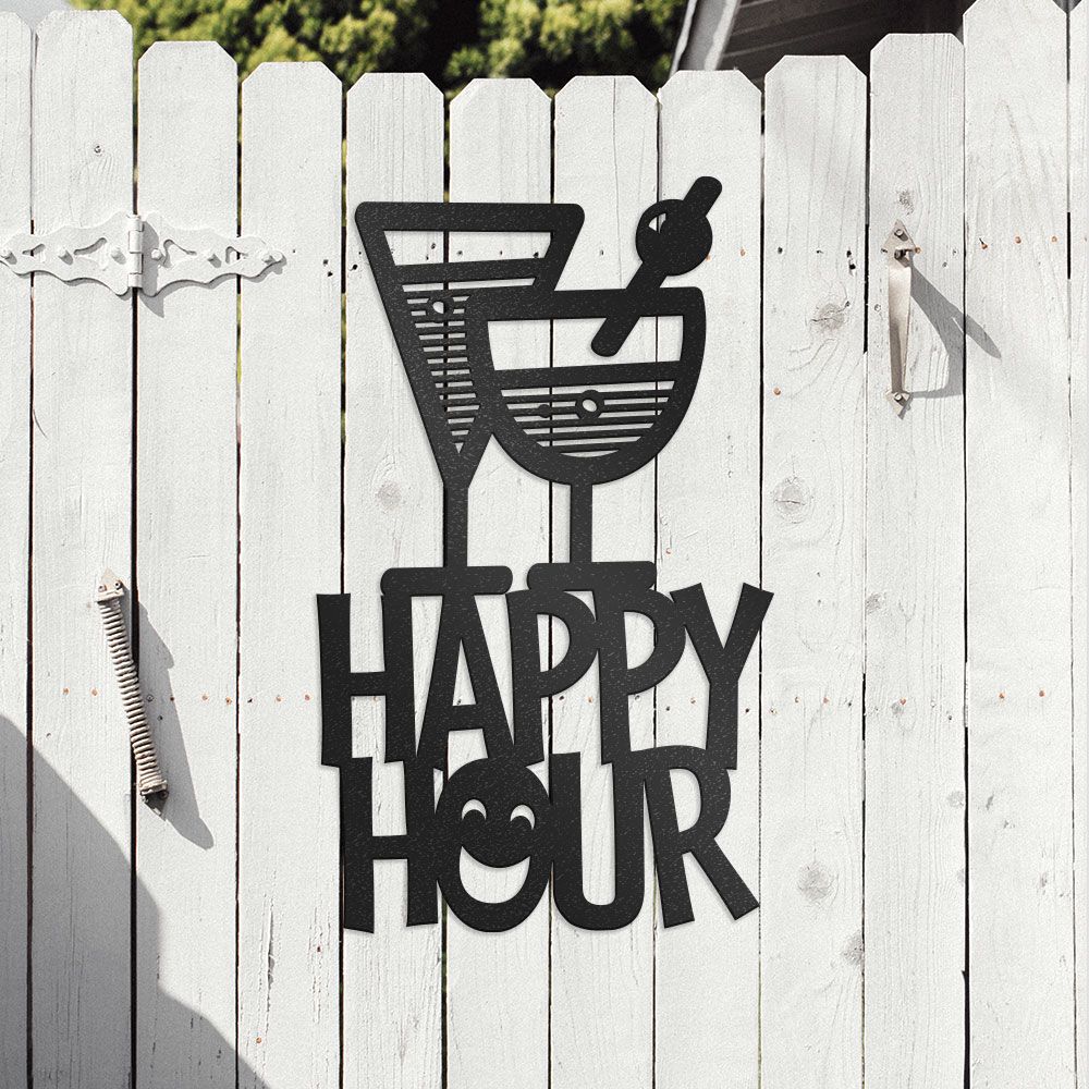 Happy Hour Sign With Cocktails, Smiley Face Metal Wall Decor, Metal Sign for Patio, Bar & Pub, Entertainment Area