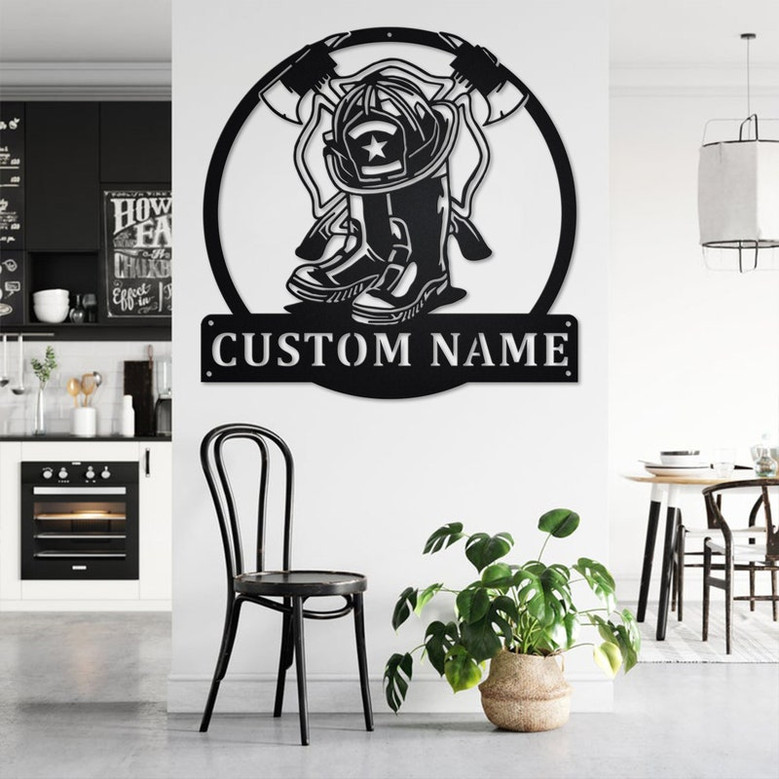 Custom Fire Fighter Gear Metal Wall Art, Personalized Firefighter Name Sign Decoration For Room, Firefighter Home Decor, Custom Firefighter