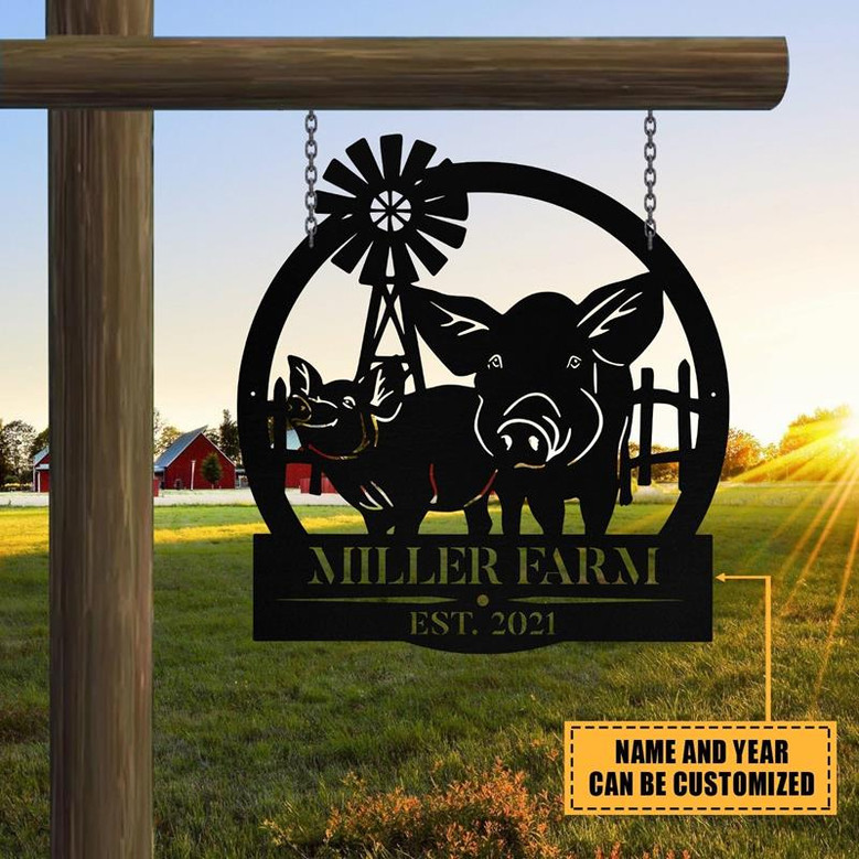 Personalized Metal Farm Sign Pig Windmill Monogram Custom Outdoor Farmhouse Front Gate Entry Road Wall Decor Art Gift