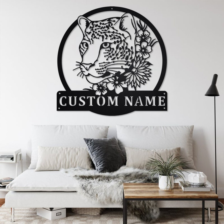 Custom Leopard With Flower Metal Wall Art, Personalized Leopard Name Sign Decoration For Room, Leopard Metal Home Decor, Custom Leopard