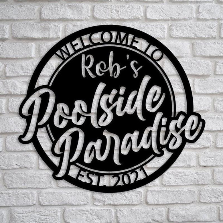 Personalized Poolside Cut Metal Sign Wall Custom Family Name Poolside Paradise Decor Metal Swimming Pool