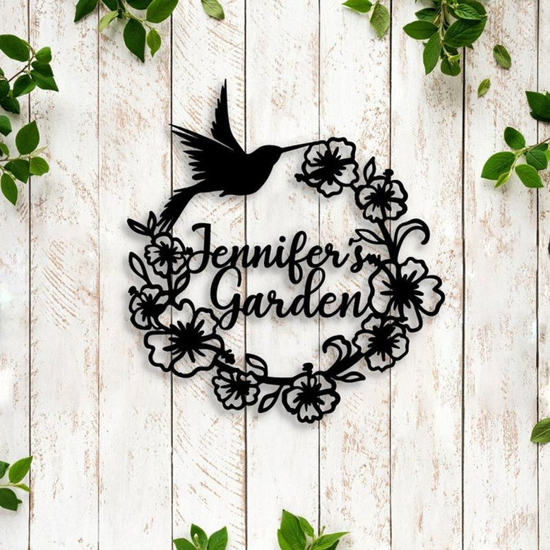 Personalized Hummingbird Flower Metal Sign, Garden Decor, Custom Name Wall Art Gardener Gift Floral Sign