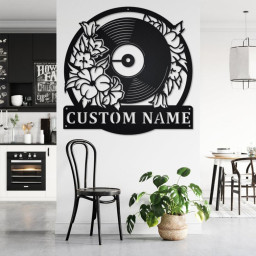 Custom Floral Music Turntable Record Metal Wall Art, Personalized Disc Jockey Name Sign Decoration For Room, DJ Metal Home Decor, Custom DJ