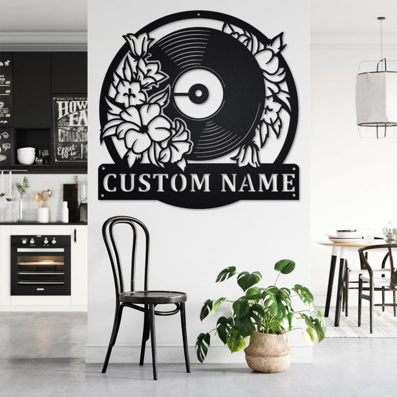 Custom Floral Music Turntable Record Metal Wall Art, Personalized Disc Jockey Name Sign Decoration For Room, DJ Metal Home Decor, Custom DJ