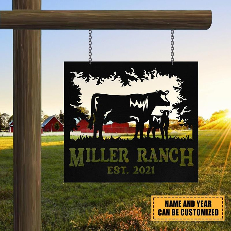Personalized Metal Farm Sign Cow Cattle Monogram Custom Outdoor Farmhouse Front Gate Ranch Stable Wall Decor Art Gift