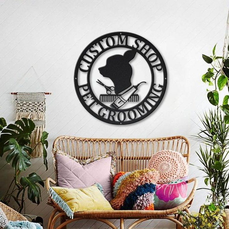 Personalized Pet Grooming Monogram Metal Sign Art Custom Pet Grooming Metal Sign Pets Lover Sign Decoration For Living Room