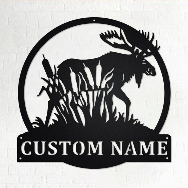 Custom Moose with Cattails Metal Wall Art, Personalized Moose Hunter Name Sign Decoration For Room, Moose Metal Home Decor, Custom Moose