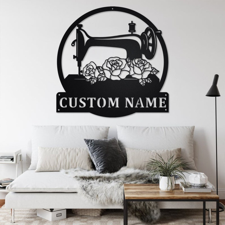 Custom Floral Sewing Machine Metal Wall Art, Personalized Sewing Name Sign Decoration For Room,Sewing Metal Home Decor,Custom Sewing Machine