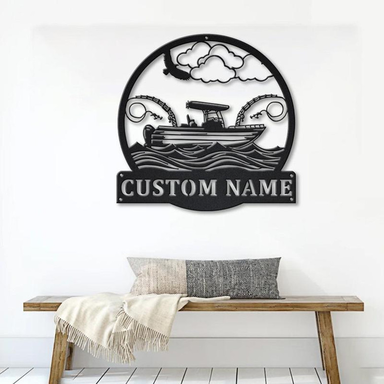 Personalized Fishing Boat Monogram Metal Sign Art | Custom Fishing Boat Metal Sign | Fishing Lover Sign Decoration For Living Room