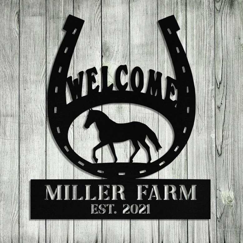 Personalized Metal Horse Hoof Shoes Sign Monogram Custom Outdoor Farm Farmhouse Ranch Stable Acres Wall Decor Art Gift