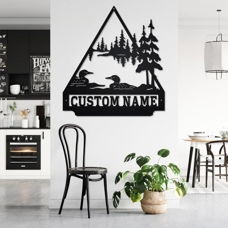 Custom Loon Scene Triangle Metal Wall Art, Personalized Loon Duck Name Sign Decoration For Room, Loon Duck Home Decor, Custom Loon Duck