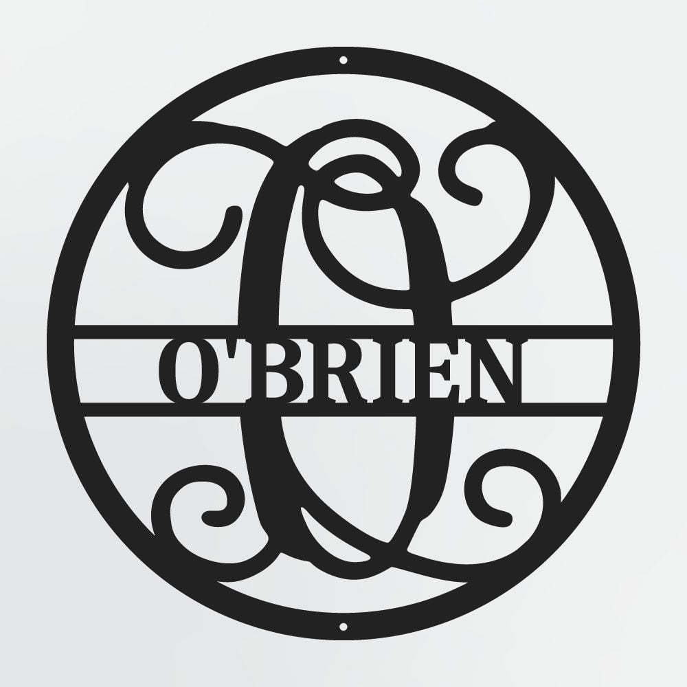 Curly Script Split Letter Monogram In Circle, Personalized Metal Family Name Sign