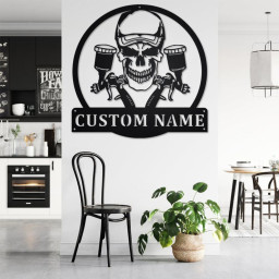 Custom Air Brush Painter Skull Metal Wall Art, Personalized Painter Name Sign Decoration For Room, Painter Home Decor, Custom Painter Skull