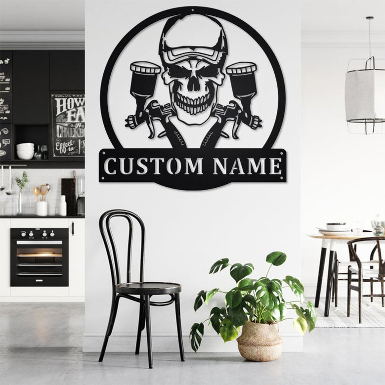 Custom Air Brush Painter Skull Metal Wall Art, Personalized Painter Name Sign Decoration For Room, Painter Home Decor, Custom Painter Skull