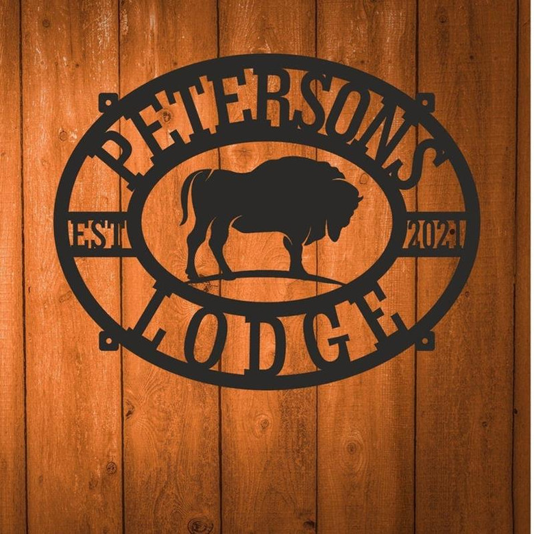 Personalized Large Metal Lodge Cabin Farmhouse Family Name Sign Custom Bison Metal Wall Art