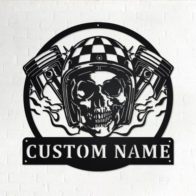 Custom Skull With Piston Biker Metal Wall Art, Personalized Biker Name Sign Decoration For Room, Biker Home Decor, Custom Biker