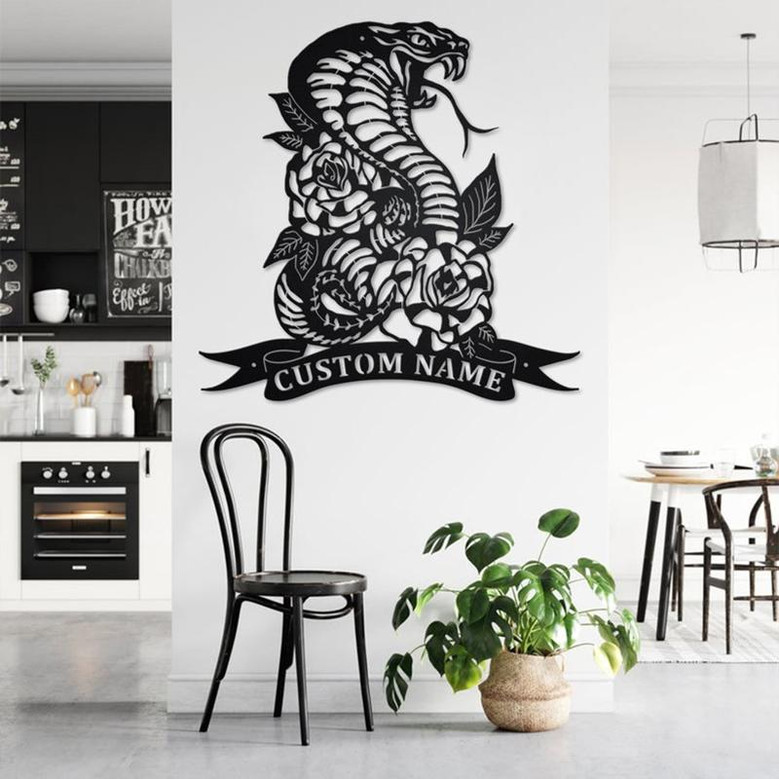 Custom Cobra Snake & Roses Metal Wall Art, Personalized Cobra Snake Name Sign Decoration For Room, Cobra Snake Home Decor,Custom Cobra Snake