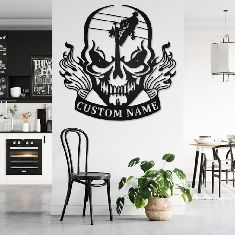 Custom Lineman Skull Metal Wall Art, Personalized Lineman Name Sign Decoration For Room, Lineman Metal Home Decor, Custom Lineman