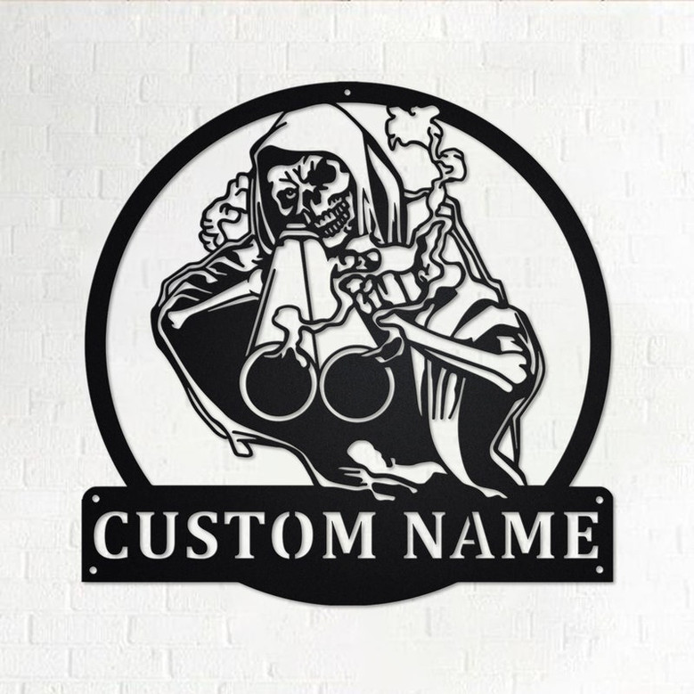 Custom Grim Reaper Shotgun Hunting Metal Wall Art, Personalized Shot Hunting Name Sign Decoration For Room, Shot Hunting Home Decor