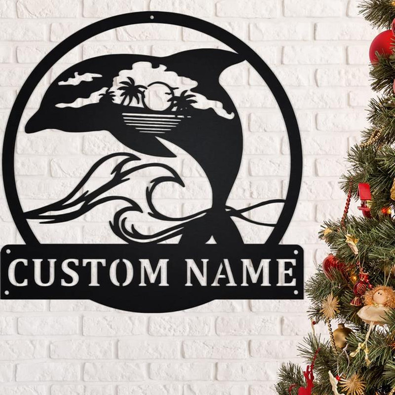 Custom Name Sign Personalized Last Name Metal Sign Dolphin Beach Theme Metal Wall Art Dolphin Lover Gift Wedding Gift