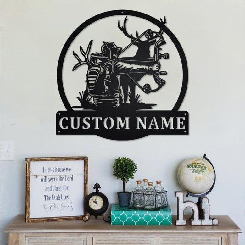 Custom Bow Hunting Metal Wall Art, Personalized Bow Hunting Name Sign Decoration For Room, Deer Bow Hunting Home Decor, Custom Bow Hunting