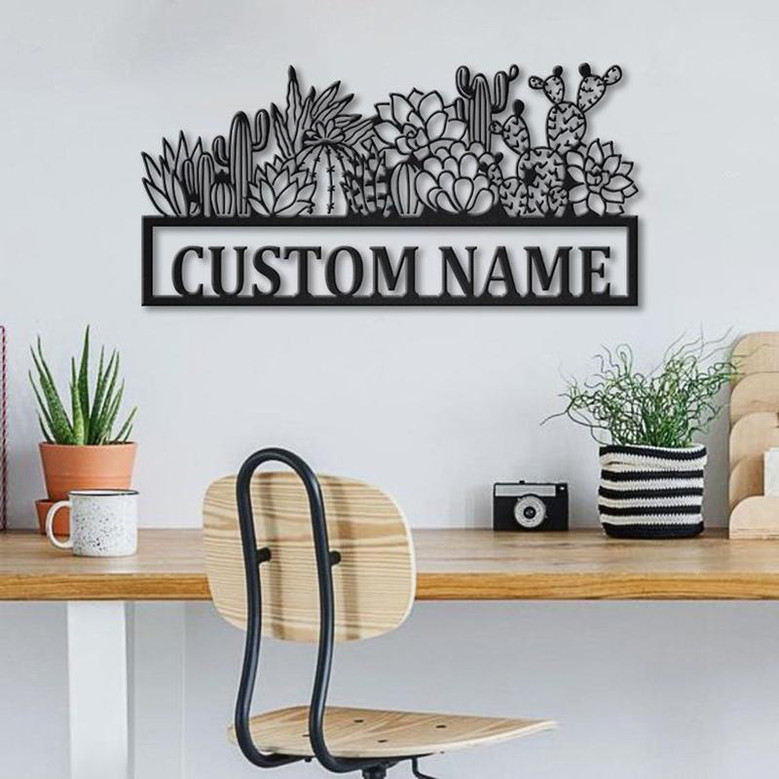 Personalized Cactus Border Monogram Metal Sign Art Custom Cactus Border Metal Sign Cactus Border Lover Sign Decoration For Living Room