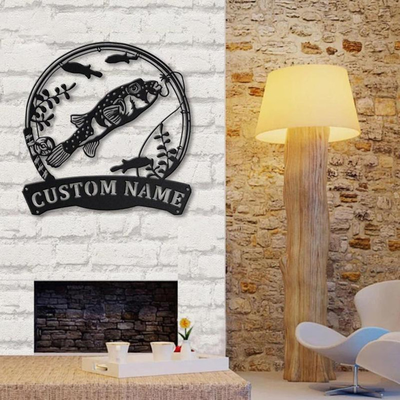 Personalized Puffer Fishing Fish Pole Metal Sign Art | Custom Puffer Fishing Fishing Metal Sign | Puffer Fishing Gift