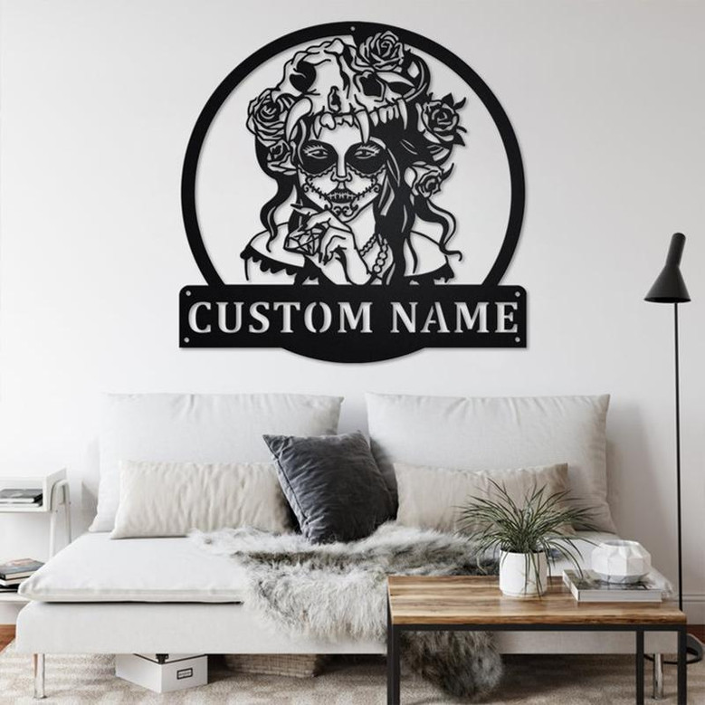 Custom Sugar Skull With Diamond Metal Wall Art, Personalized Sugar Skull Name Sign Decoration For Room, Sugar Skull Metal Home Decor, Skull