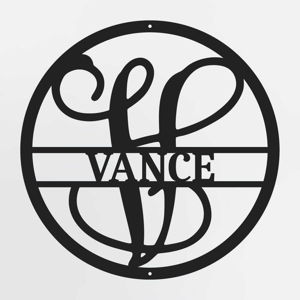 Curly Script Split Letter Monogram In Circle, Personalized Metal Family Name Sign