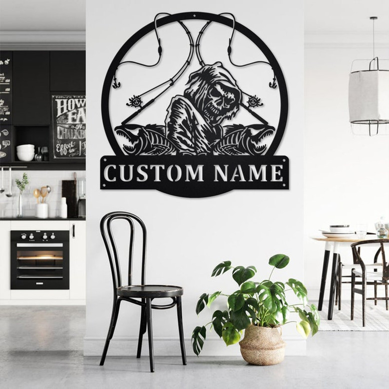 Custom Fish Reaper Skull Metal Wall Art, Personalized Fisherman Name Sign Decoration For Room, Fishing Metal Home Decor, Custom Fisherman