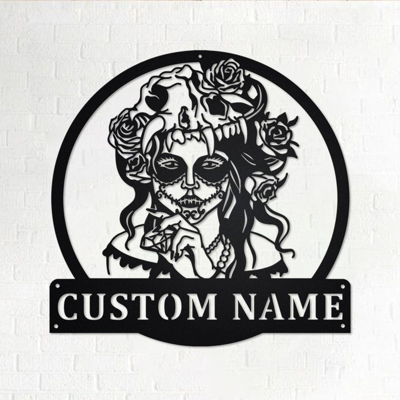 Custom Sugar Skull With Diamond Metal Wall Art, Personalized Sugar Skull Name Sign Decoration For Room, Sugar Skull Metal Home Decor, Skull