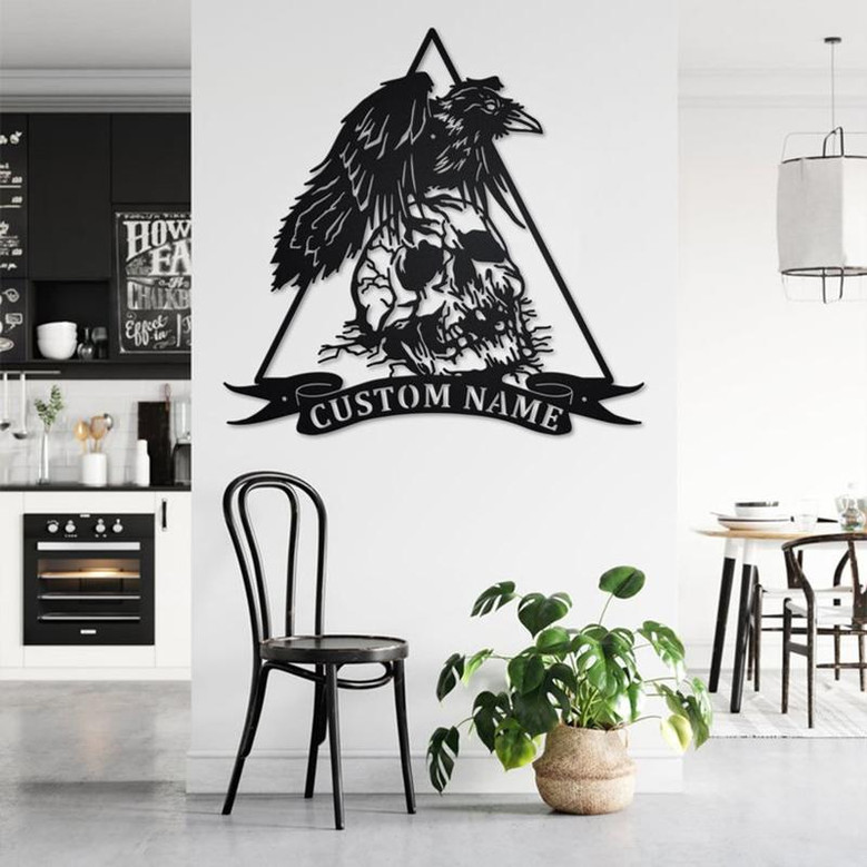 Custom Raven With Skull Metal Wall Art, Personalized Raven Name Sign Decoration For Room, Raven Metal Home Decor, Custom Raven, Raven Skull