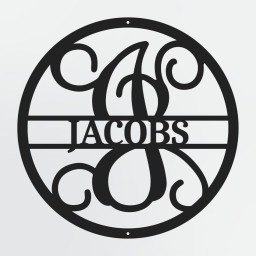 Curly Script Split Letter Monogram In Circle, Personalized Metal Family Name Sign