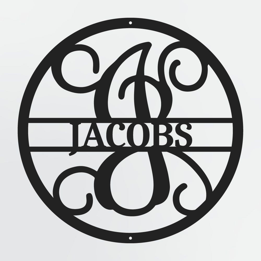 Curly Script Split Letter Monogram In Circle, Personalized Metal Family Name Sign