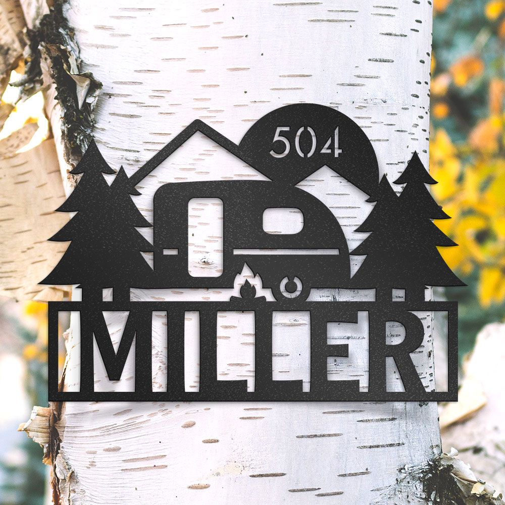 Camping Metal Sign With Trailer, Campfire, Custom Name, Optional Lot Number