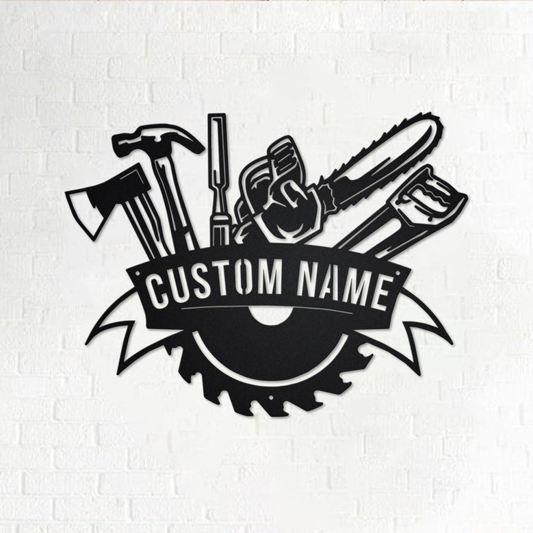 Custom Lumberjack Wood Cutter Tools Metal Wall Art, Personalized Logger Name Sign Decoration For Room, Lumberjack Metal Home Decor