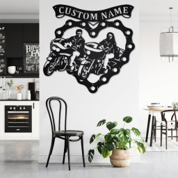 Custom Sweetheart Motorcycle Riding Couple Metal Wall Art, Personalized Motorcycle Name Sign Decoration For Room, Motorcycle Home Decor