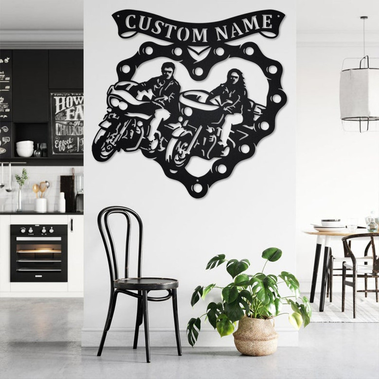 Custom Sweetheart Motorcycle Riding Couple Metal Wall Art, Personalized Motorcycle Name Sign Decoration For Room, Motorcycle Home Decor