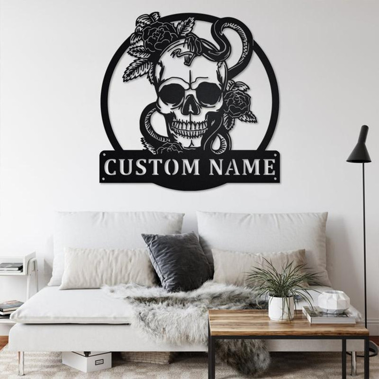 Custom Skull With Snake Metal Wall Art, Personalized Snake Name Sign Decoration For Room, Snake Home Decor, Custom Skull With Snake