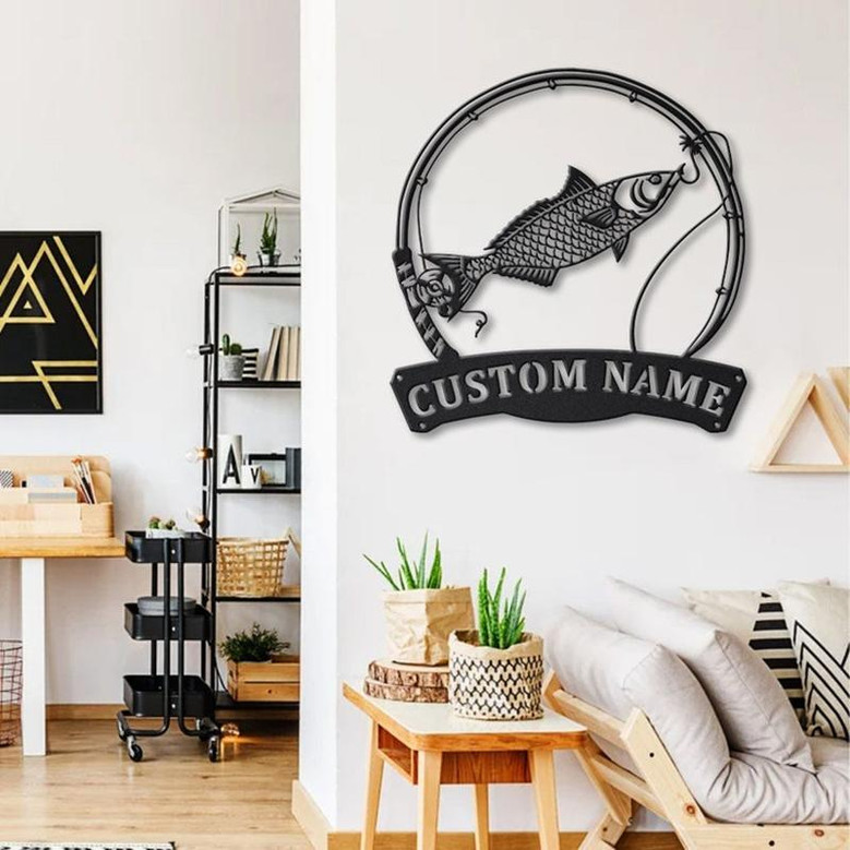 Personalized Kahawai Fishing Fish Pole Monogram Metal Sign Art Kahawai Fishing Fish Metal Sign Fishing Lover Sign Decoration For Living Room