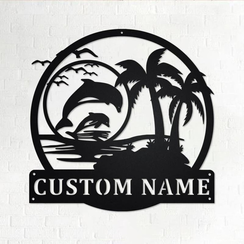 Custom Dolphin Beach Palm Tree Metal Wall Art Personalized Metal Name Sign Coastal Decoration for Lake or Beach House Family Outdoors Decor