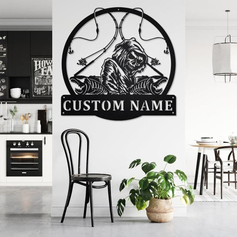 Custom Fish Reaper Skull Metal Wall Art, Personalized Fisherman Name Sign Decoration For Room, Fishing Metal Home Decor, Custom Fisherman