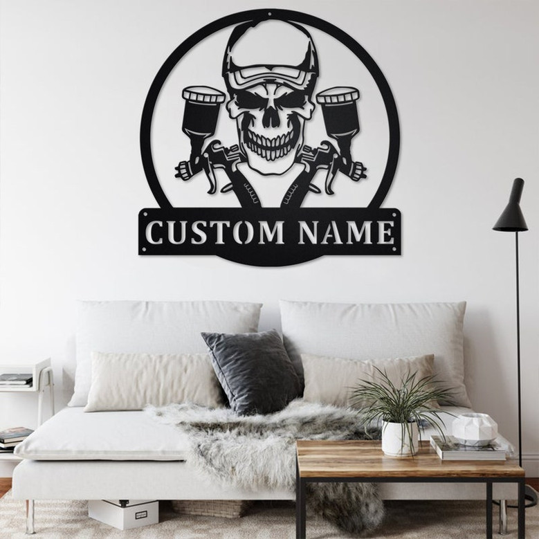 Custom Air Brush Painter Skull Metal Wall Art, Personalized Painter Name Sign Decoration For Room, Painter Home Decor, Custom Painter Skull