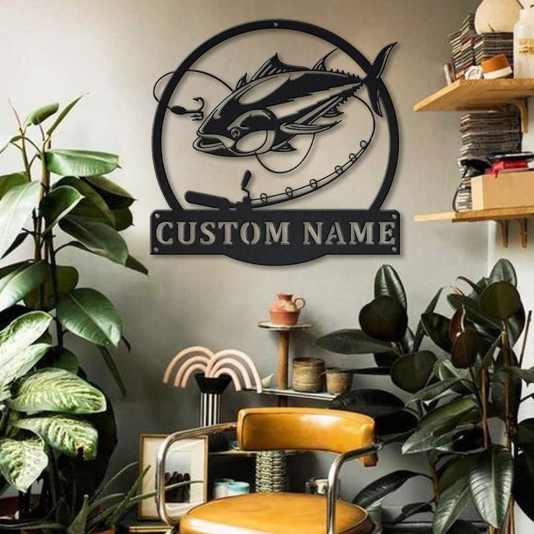 Personalized Tuna Fishing Fish Pole Metal Sign Art | Custom Tuna Fishing Metal Sign | Tuna Fishing Gifts for Men | Tuna Fishing Gift